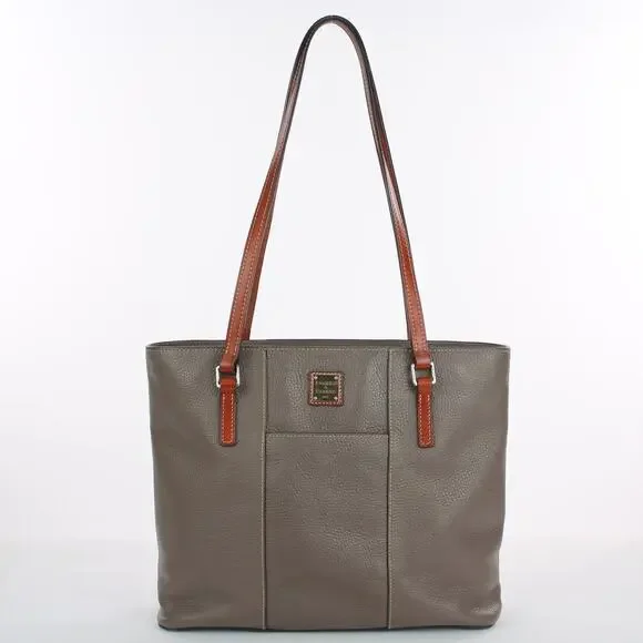 Dooney & Bourke Lexington Tote Bag Pebbled Leather Gray Brown Handles Large - Picture 1 of 9